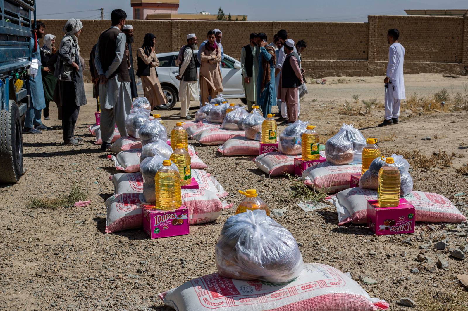 Aseel workers convene at Logar province, Afghanistan, for the distribution of food and medicines on Oct. 2, 2021 Courtesy Aseel