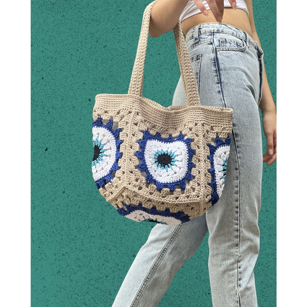  Crochet Bag for Women Evil Eye Handmade Tote Bag with