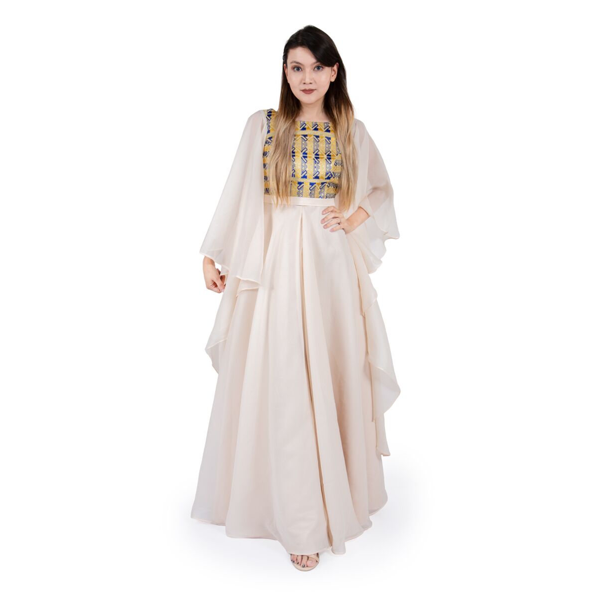 Cream Bouffant Dress | Elegant Pleated Frock With Flared Sleeves
