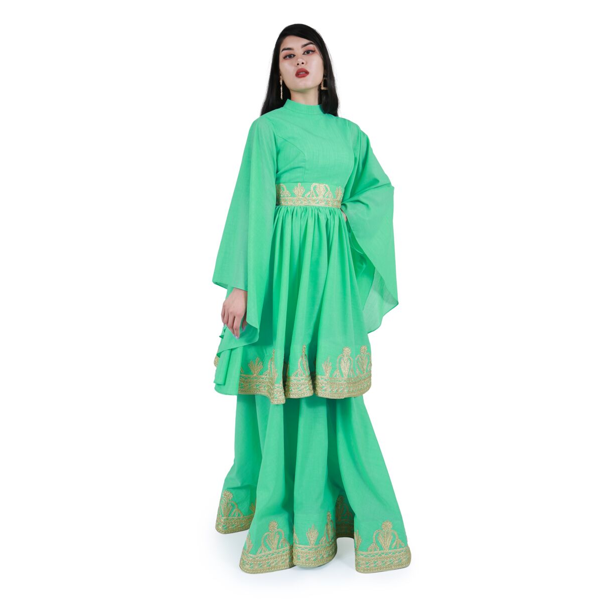 Pleated Cotton Long Dress | Layered Dress With Flared Sleeves