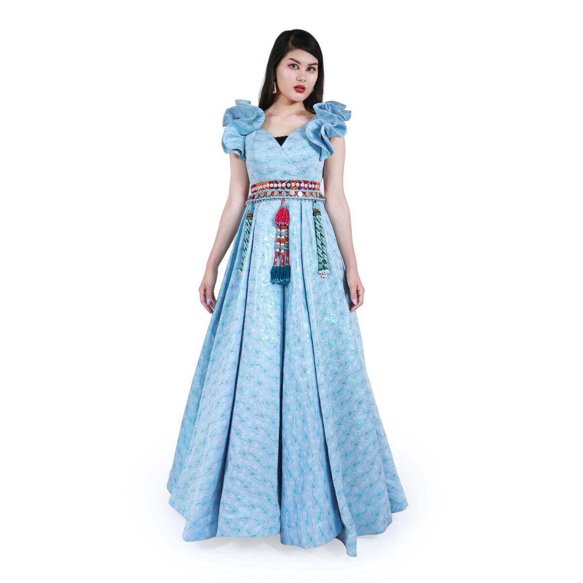 Blue Banarasi Pleated Maxi | Fancy Long Dress With Flutter Sleeves 