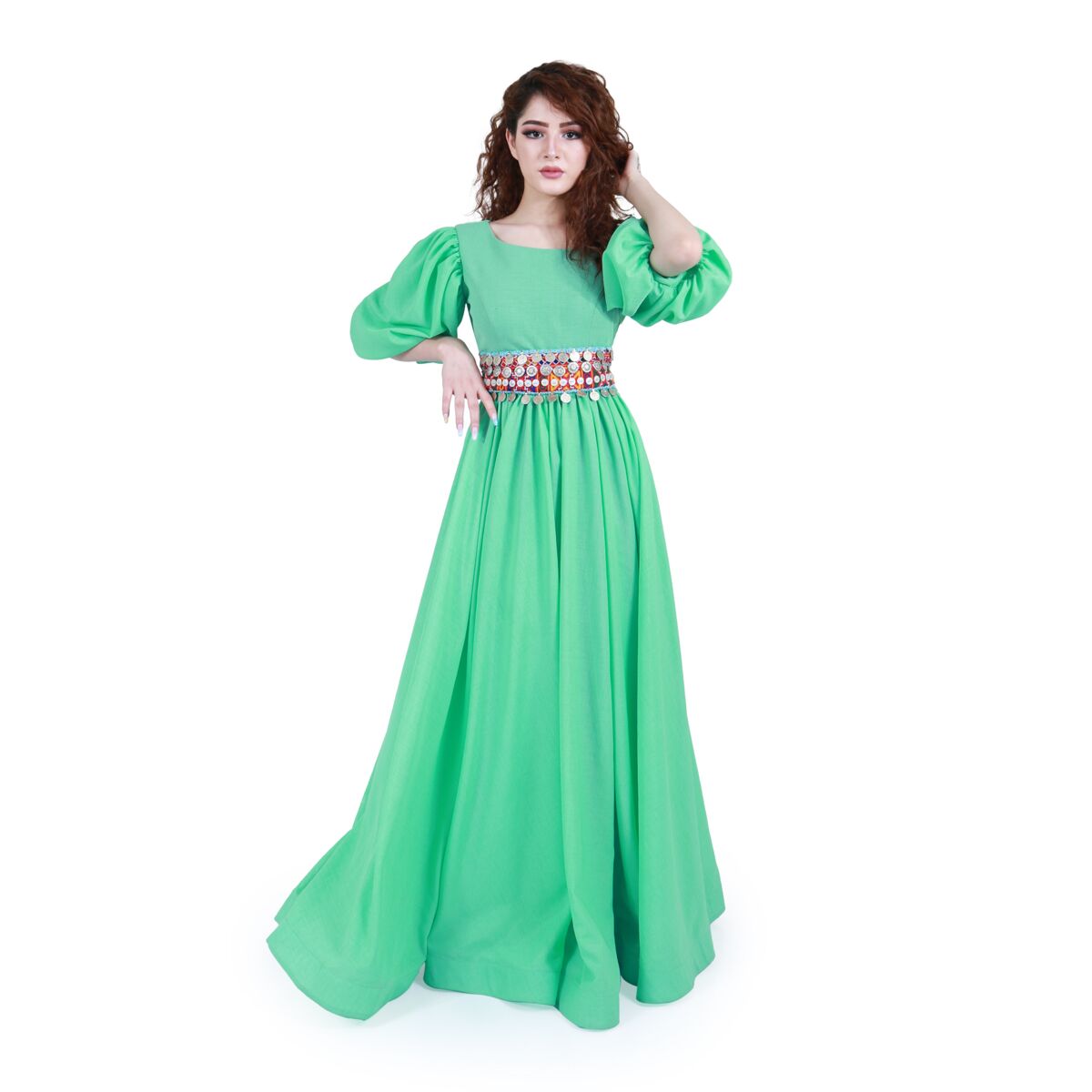 Cotton Long Dress | Spring Green Maxi With Balloon Sleeves 