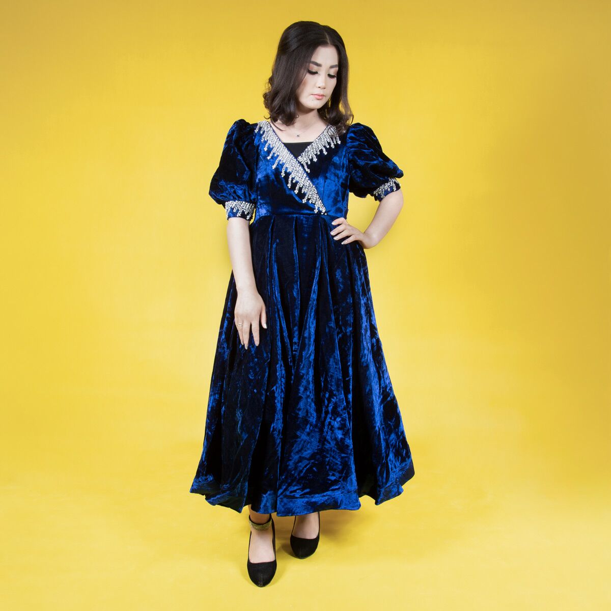Blue Velvet Frock With Silver Embroidery |Nilo Design Women Dress