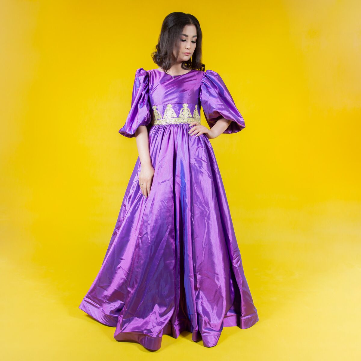 Qanawiz Design Long Dress | Pale Purple Puffed Sleeves Frock 