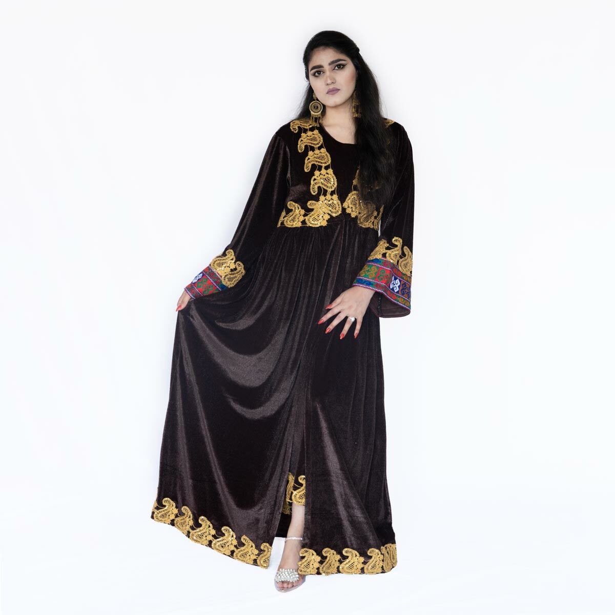 Chocolate Cherma Embroidered Dress with Chapan | Velvet Slit Skirt Long ...
