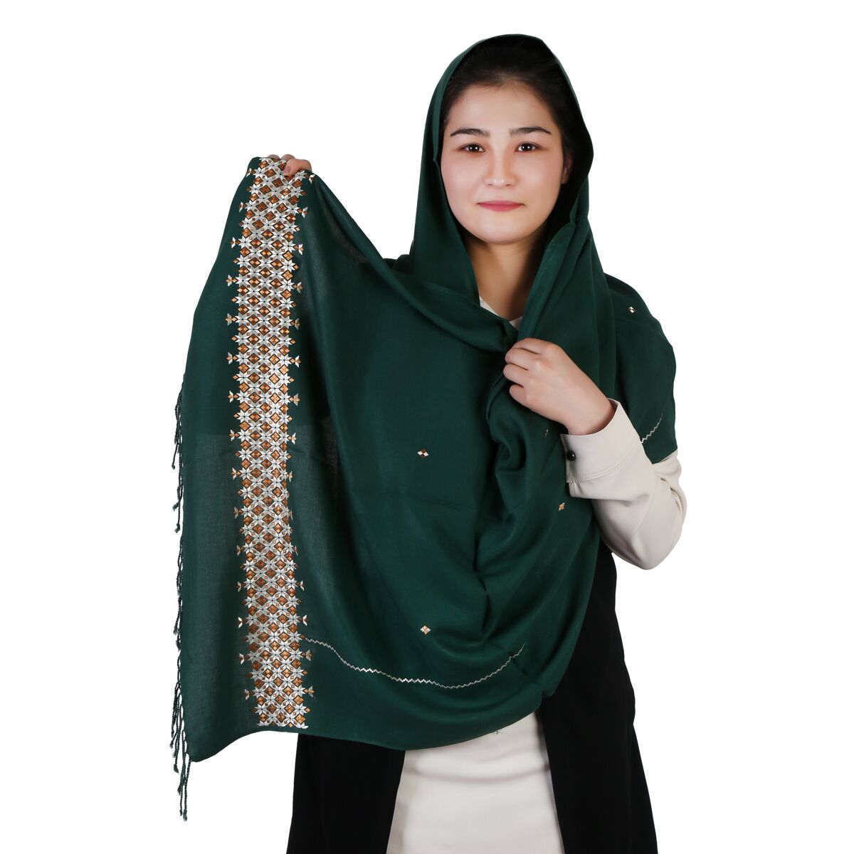 Hazaragi Embroidered Green Cotton Shawl 