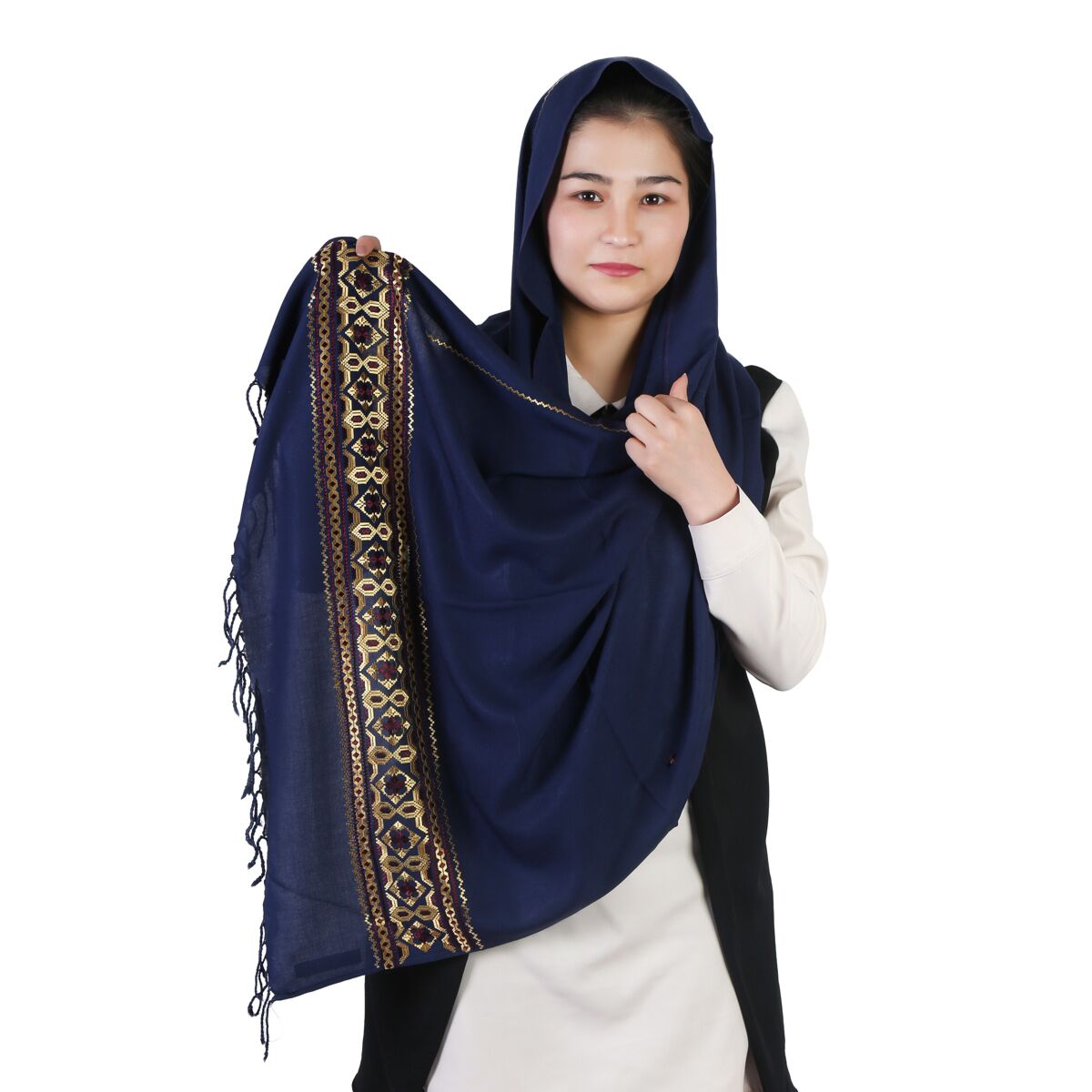 Golden Embroidered Admiral Blue Cotton Scarf 