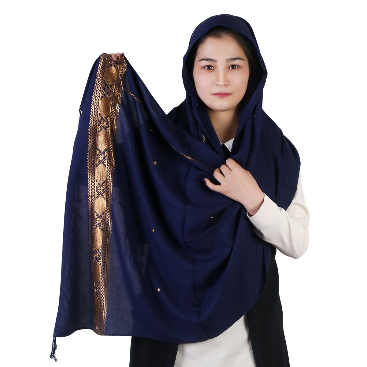 Dark Navy Blue Scarf With Golden Embroidered Borders  