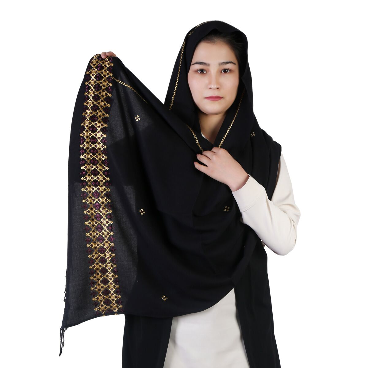 Black Cotton Scarf With Embroidered Borders 