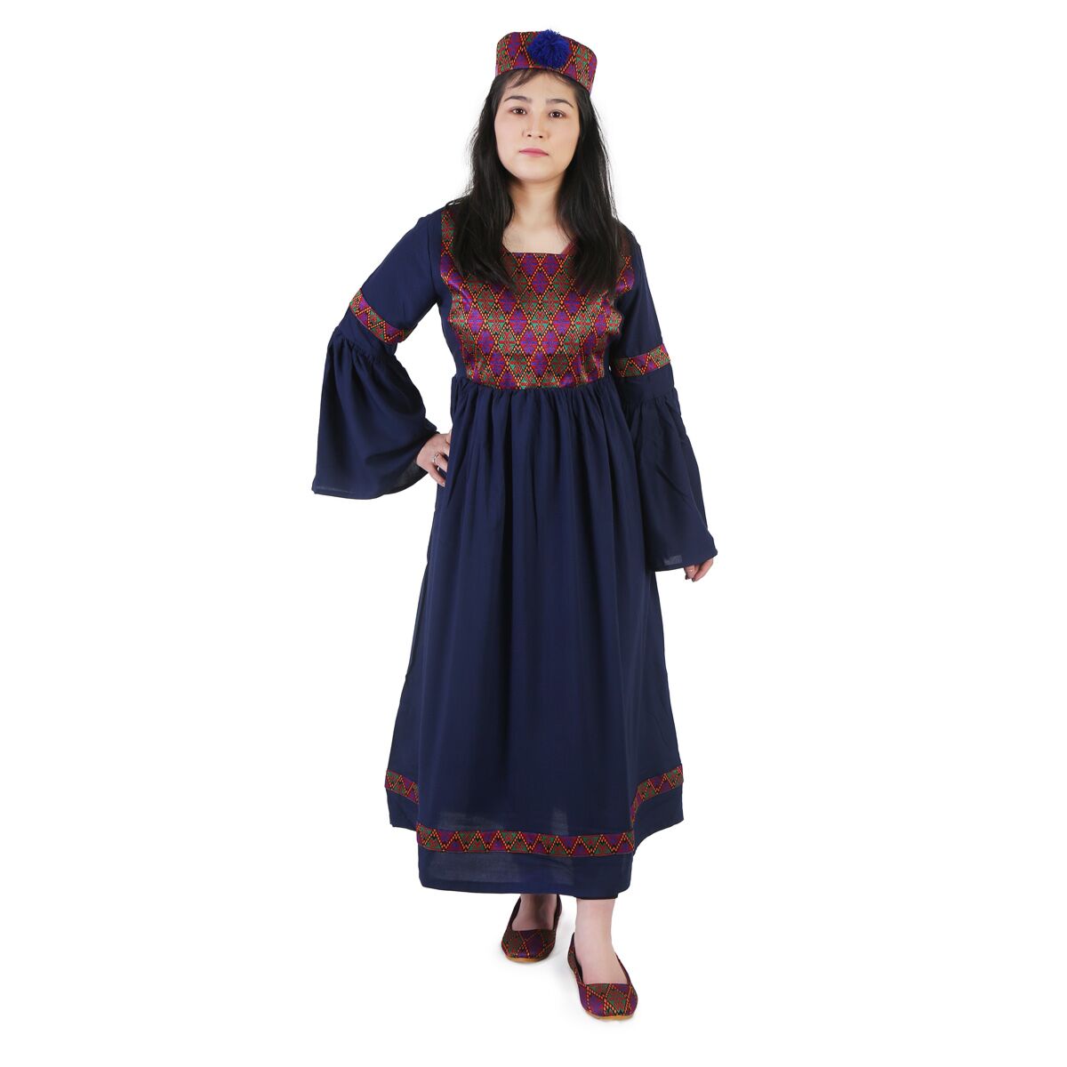 Colorful Hazaragi Embroidered Dress | Blue Cotton Frock With Embroidered Hat