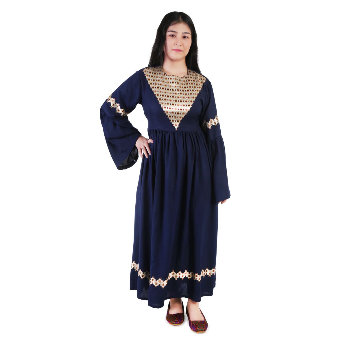 Golden Embroidered Pleated Frock | Navy Blue Bell Sleeve Dress 