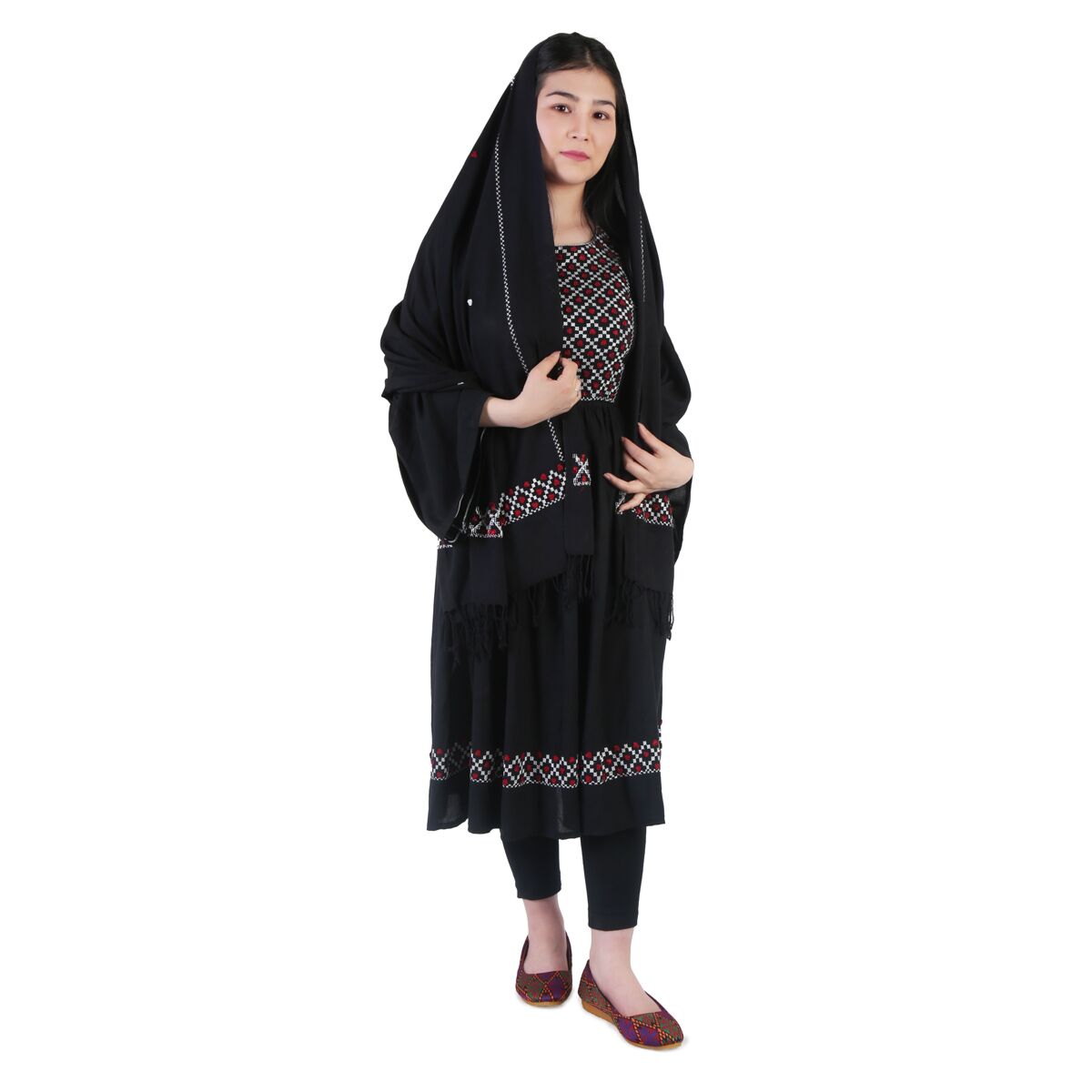 Black Hazaragi Embroidered Dress | Short Pleated Cotton Frock 
