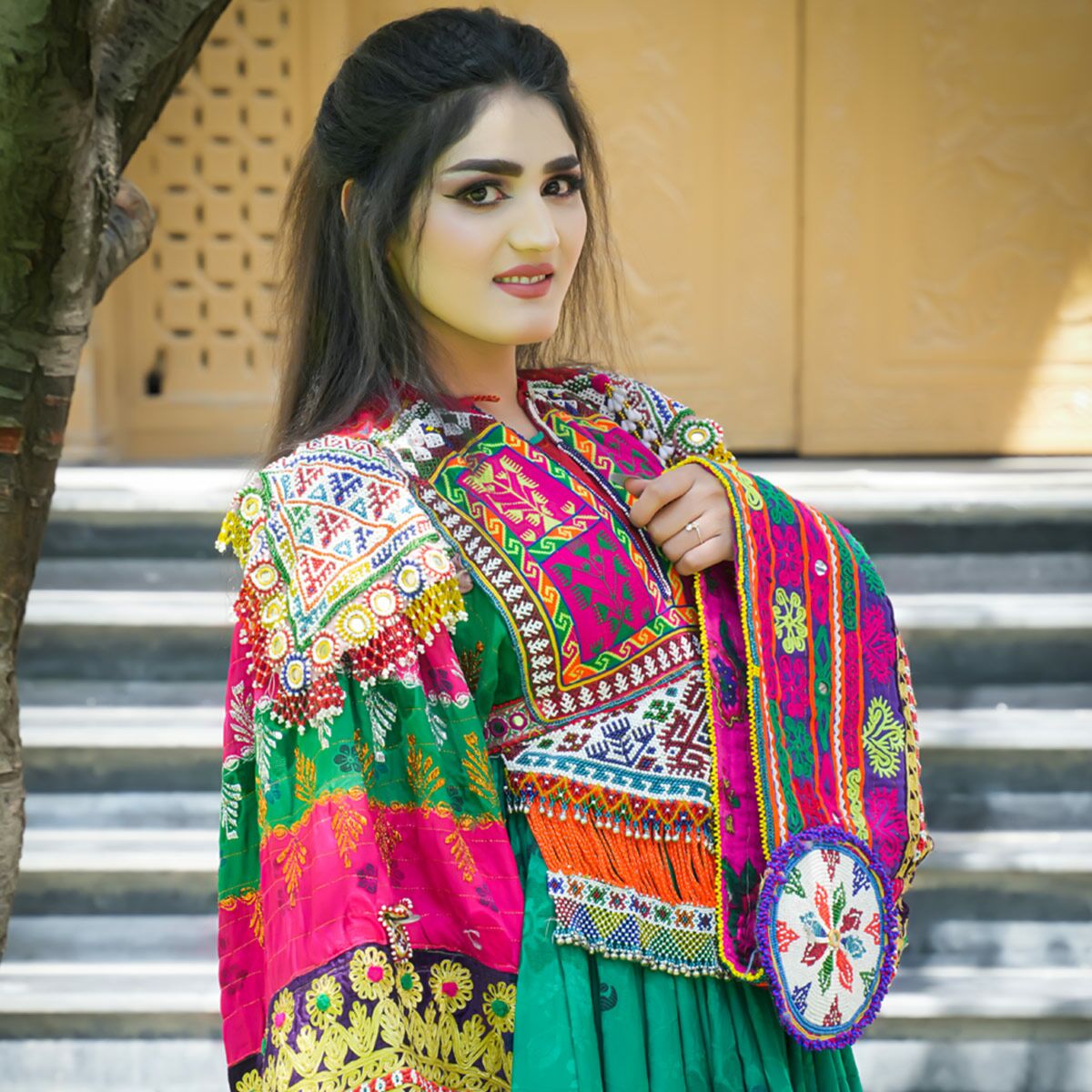 Buy Velvet Kuchi Embroidered Cultural Frock  Green Floral Stitched Long Afghan  Dress - Aseel