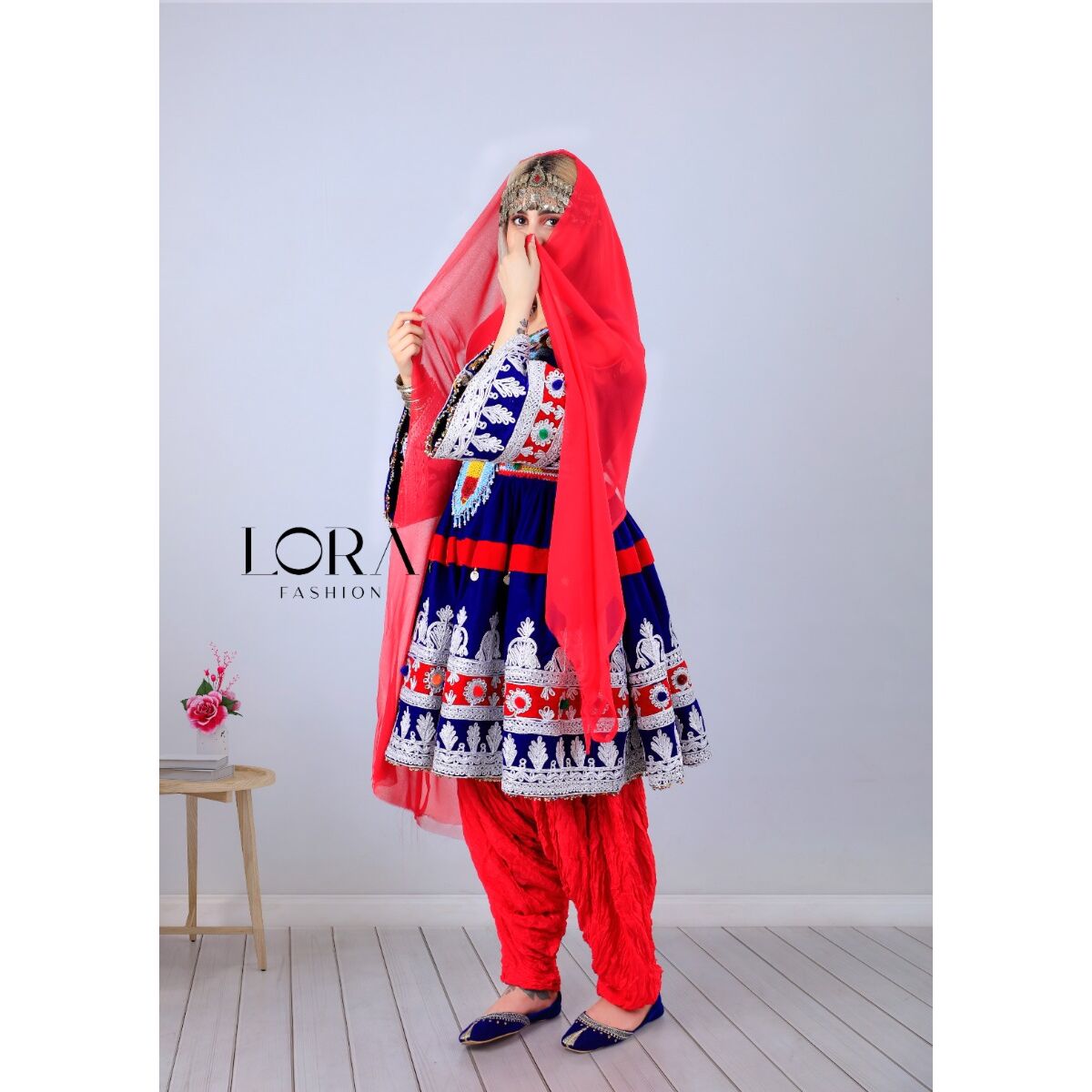 Red & Blue Women's Traditional Style Afghani Dress | Wedding Outfit for Women