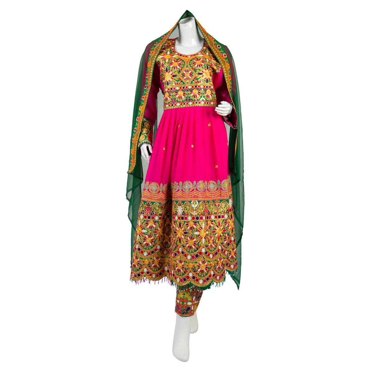 Light Pink Party Dress | Damandar Afghani with Multi-Colored Embroidery on Sleeves/Chest/Skirt Lining