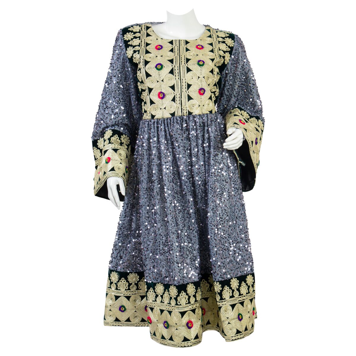 Gande Afghani with White Chermaduzi| Afghani Dress with Chermaduzi on Sleeves/Chest/Skirt Lining 