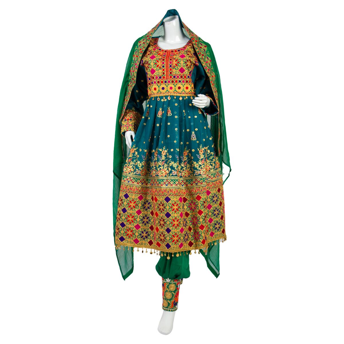 Multi-Colored Gande Afghani | Embroidered Afghani Frock with Salwar/Kameez/Dupatta 