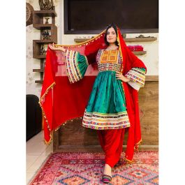 Buy Gul Bakhmal Afghani Bridal Dress | Green 3-Piece Gande Afghani - Aseel