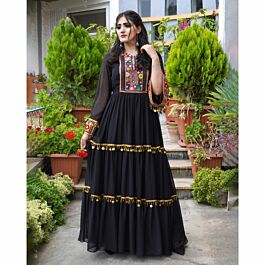 Buy Bell Sleeves Embroidered Pleated Maxi | Black Sundress Gown Online ...