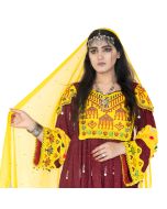 Maroon Khamak Embroidered Pleated Long Dress | 2-Piece Cotton Bead Embroidered Dress with Shawl 