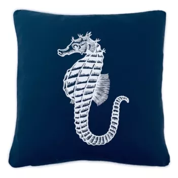 Seahorse Embroidered Outdoor Throw Pillow Navy Blue-White