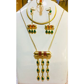 Agate Stone Negligee Jewelry Set | Brass Drop Necklace, Earrings & Ring