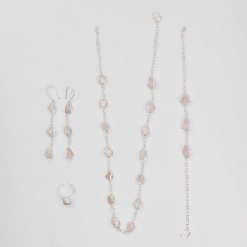 Pink Quartz Stone Jewelry Set | Silver Necklace, Earrings, Ring & Bracelet