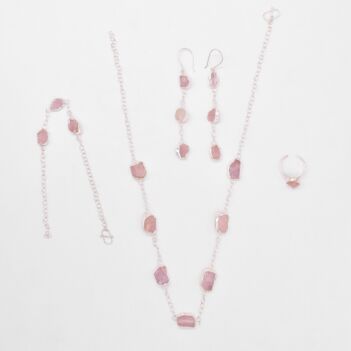 Rose Quartz Jewelry Set | Silver Station Necklace, Earrings, Ring & Bracelet