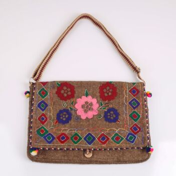 Brown Floral Embroidered Computer Bag | Woolen Handmade Bag