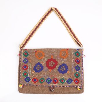 Brown Floral Embroidered Computer Shoulder Bag | Woolen Cross-Body Bag
