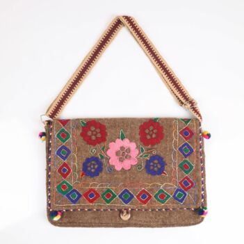 Brown Woolen Handmade Computer Bag | Cross-body Floral Embroidered Bag 