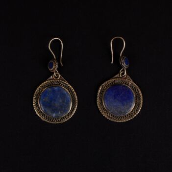 Lapis Lazuli Round Dangle Earrings | Bronze Wire-Hook Earrings 