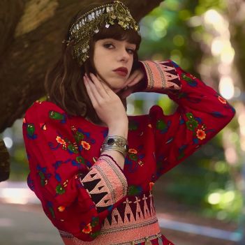 Vibrant Red Floral Dress – Artisanal Elegance with Geometric Belt