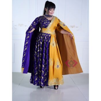 Yellowish Purple Gulabatun Embroidered Long Gown | Net Satin Slit Floor-Length Sleeves Fancy Frock