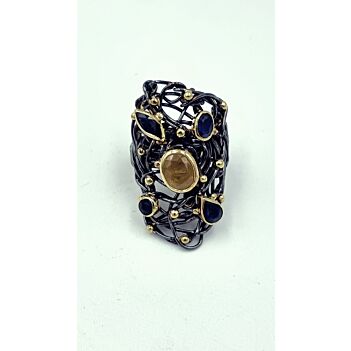 Handmade Ring 925 sterling silver, black & gold rhodium plated ring with sapphire stones 