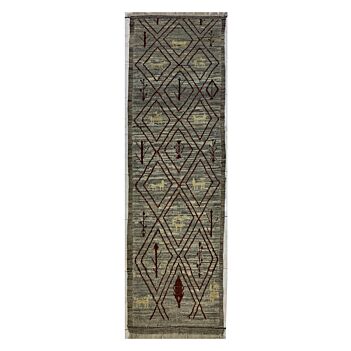Moss Green Gabba Diamond Pattern Afghan Handmade Rug| Turkmen Weave Rug 10 X 2.90 (ft)