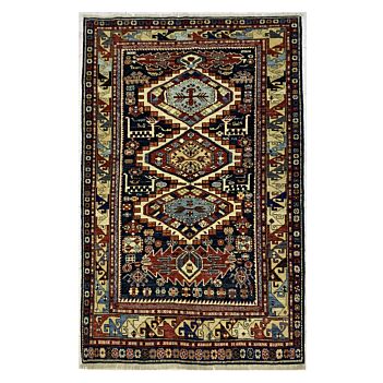 Black Kazak Triplet Design Afghan Handmade Carpet | Turkmen Weave Carpet 8 X 5.50 (ft)