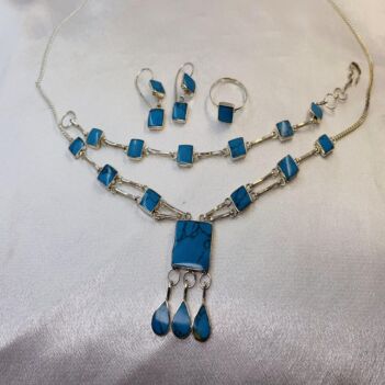 Blue Turquoise Stone Silver Jewelry Set | Charm Nekclace, Drop Earrings, Solitaire Ring & Bracelet