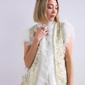 White Fur Sequin and Stone Detailed Design Ethnic Velvet Vest