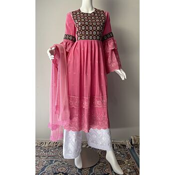 Pink Pleated Embroidered Frock | Dodamana Hazaragi Dress