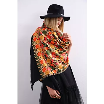 Black Floral Embroidered Cotton Shawl