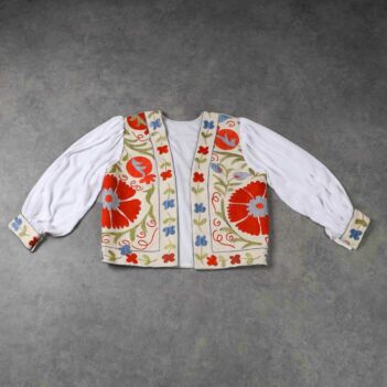 White Uzbeki Style Women's Coat | Thread Needle Embroidered Coat 