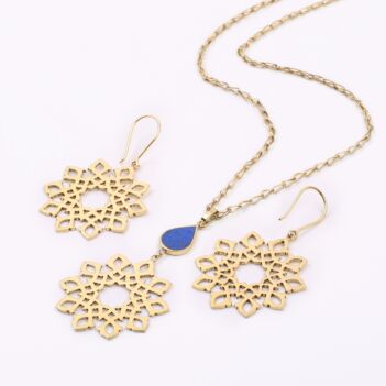 Lapis Gold Plated Jewelry Set | Brass Floral Pendant & Earrings 
