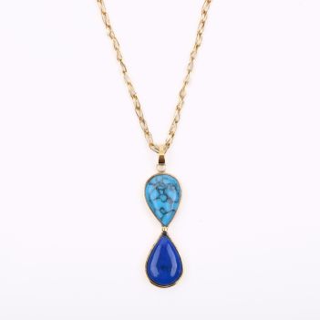 Turquoise & Lapis Gold Plated Necklace| Brass Lavalier Necklace