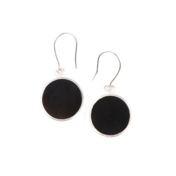 Black Agate Dangle Earrings | Silver Round Hook Earrings  