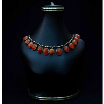 Coral Antique Jewelry Set | Red Bezel Choker Necklace with Teardrop Earrings