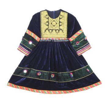 Navy Blue Cherma Embroidered Velvet Baby Girl's Frock | Gande Afghani