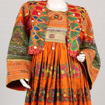 Balloon Sleeve Pleated Afghan Dress | Orange Floral Embroidered Frock