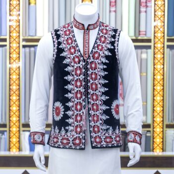 Black Afghani Men's Waistcoat with White Outfit | Embroidered Velvet Vest with Grace Outfit