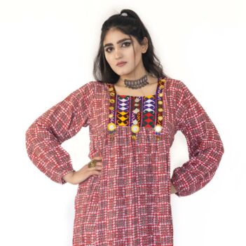 Pink Pawli Coin Embroidered Long Dress | Cotton Square Patterned Casual Wear Dress